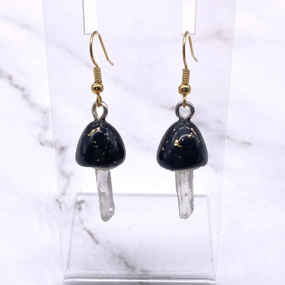 Black Mushroom Quartz Crystal Dangle wire hook polymer Clay Earrings